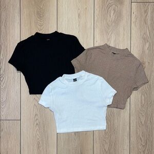 SHEIN Black, White & Brown Ribbed Crop Tops - 3 Pack